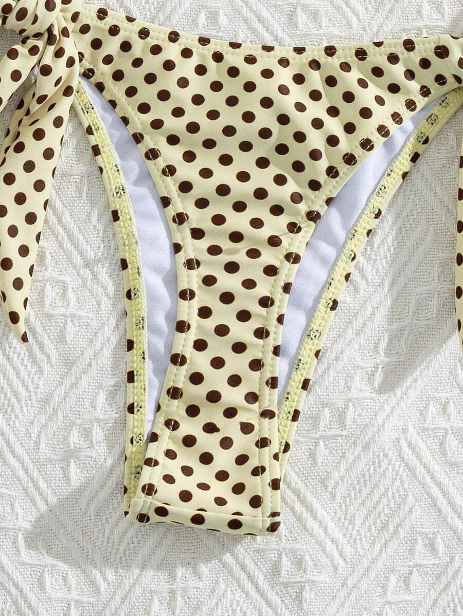 Red halter tie-side bikini set for women featuring a geometric plaid pattern, high-waisted bottoms, wireless triangle cups, and removable padding.