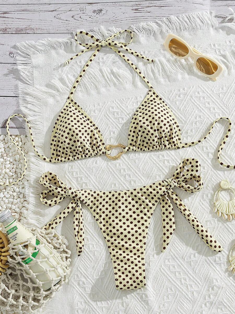 Red halter tie-side bikini set for women featuring a geometric plaid pattern, high-waisted bottoms, wireless triangle cups, and removable padding.