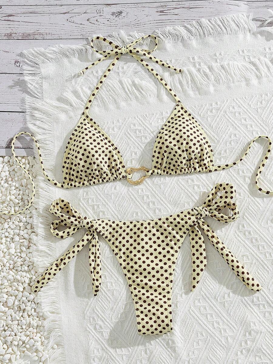 Red halter tie-side bikini set for women featuring a geometric plaid pattern, high-waisted bottoms, wireless triangle cups, and removable padding.