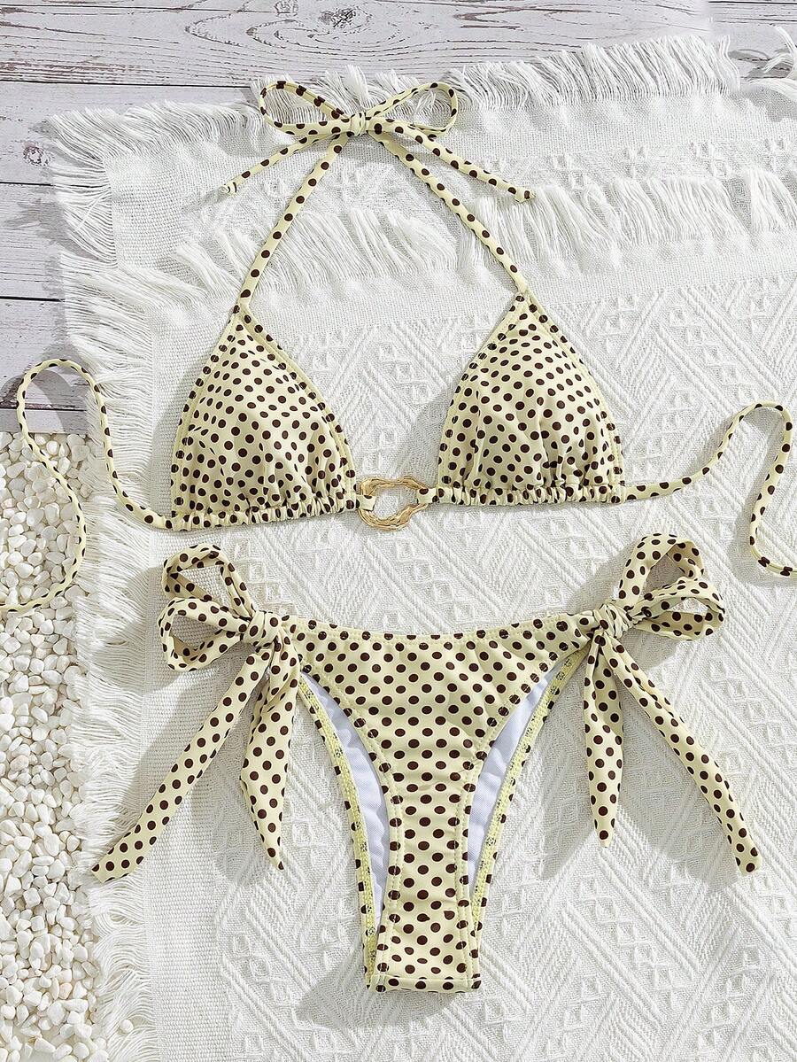 Red halter tie-side bikini set for women featuring a geometric plaid pattern, high-waisted bottoms, wireless triangle cups, and removable padding.