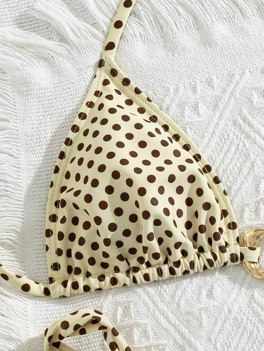 Red halter tie-side bikini set for women featuring a geometric plaid pattern, high-waisted bottoms, wireless triangle cups, and removable padding.
