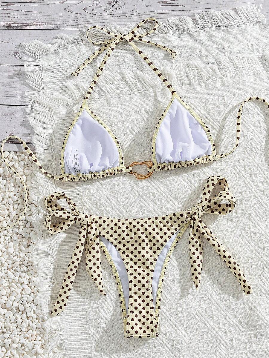Red halter tie-side bikini set for women featuring a geometric plaid pattern, high-waisted bottoms, wireless triangle cups, and removable padding.