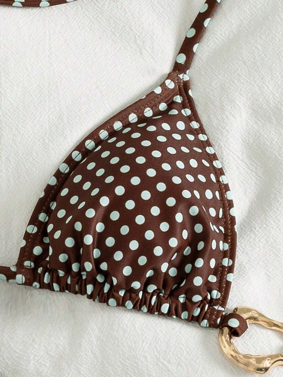 Red halter tie-side bikini set for women featuring a geometric plaid pattern, high-waisted bottoms, wireless triangle cups, and removable padding.