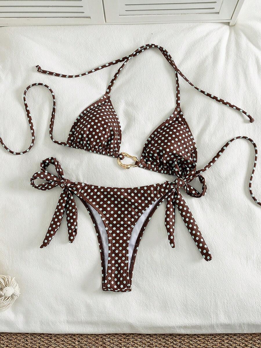 Red halter tie-side bikini set for women featuring a geometric plaid pattern, high-waisted bottoms, wireless triangle cups, and removable padding.
