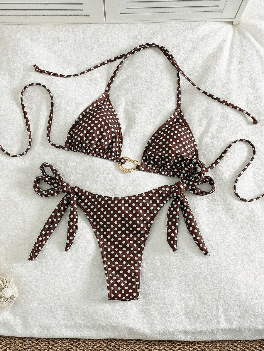 Red halter tie-side bikini set for women featuring a geometric plaid pattern, high-waisted bottoms, wireless triangle cups, and removable padding.