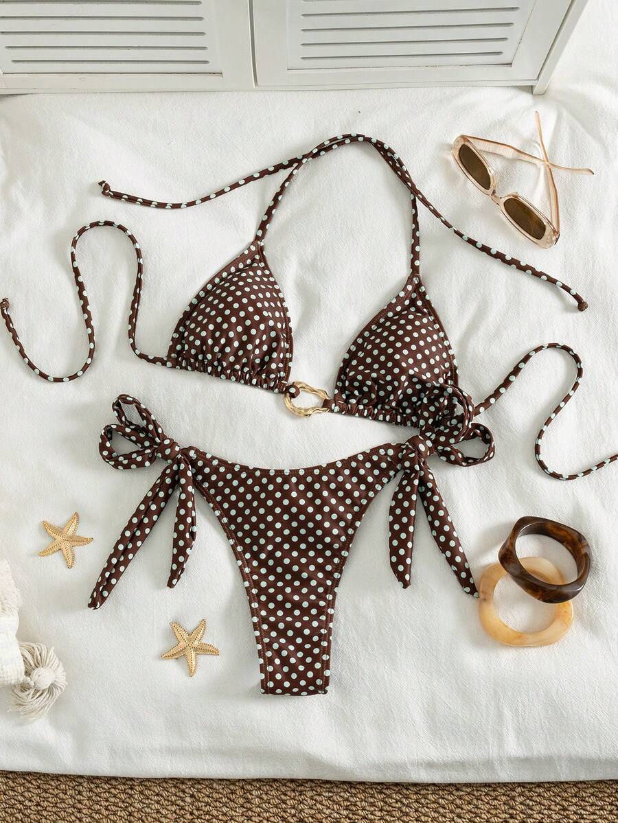Red halter tie-side bikini set for women featuring a geometric plaid pattern, high-waisted bottoms, wireless triangle cups, and removable padding.