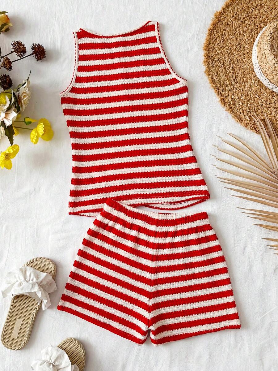 Tween girls apricot striped knit camisole top with button front paired with matching casual elastic waist shorts