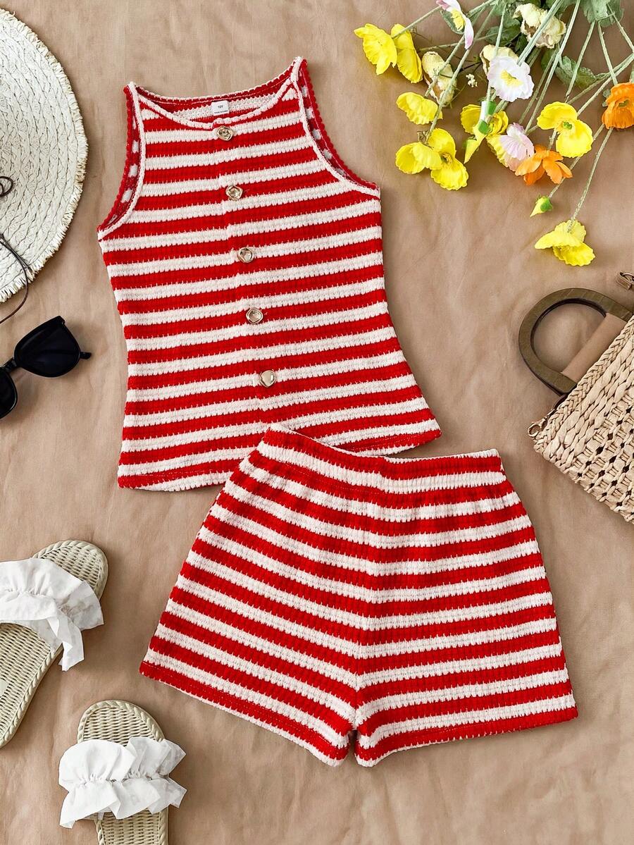 Tween girls apricot striped knit camisole top with button front paired with matching casual elastic waist shorts