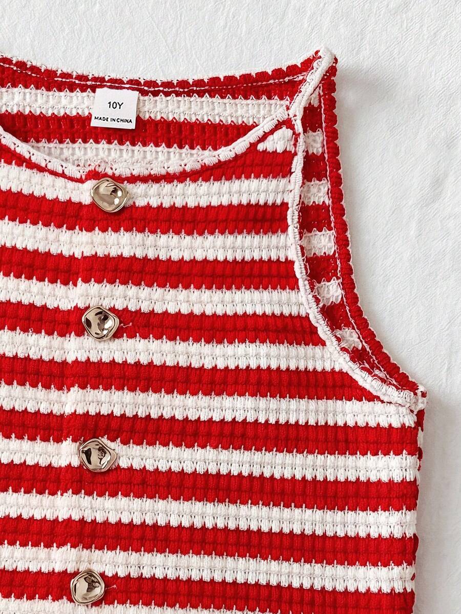 Tween girls apricot striped knit camisole top with button front paired with matching casual elastic waist shorts