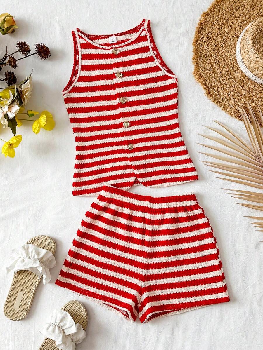 Tween girls apricot striped knit camisole top with button front paired with matching casual elastic waist shorts
