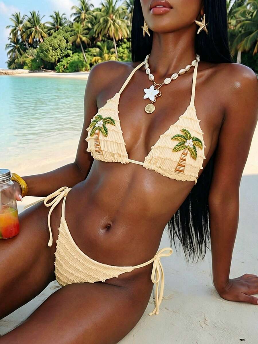 Women's triangle bikini set with contrast lace wireless bra top and ultra high waist tie side bottoms.