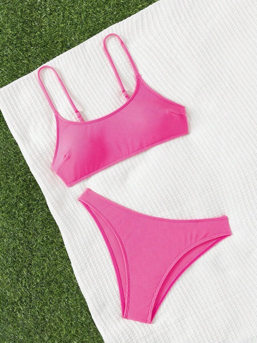 Apricot ribbed high waist two piece bikini swimsuit set for women featuring backless spaghetti strap top and high waisted bottoms.