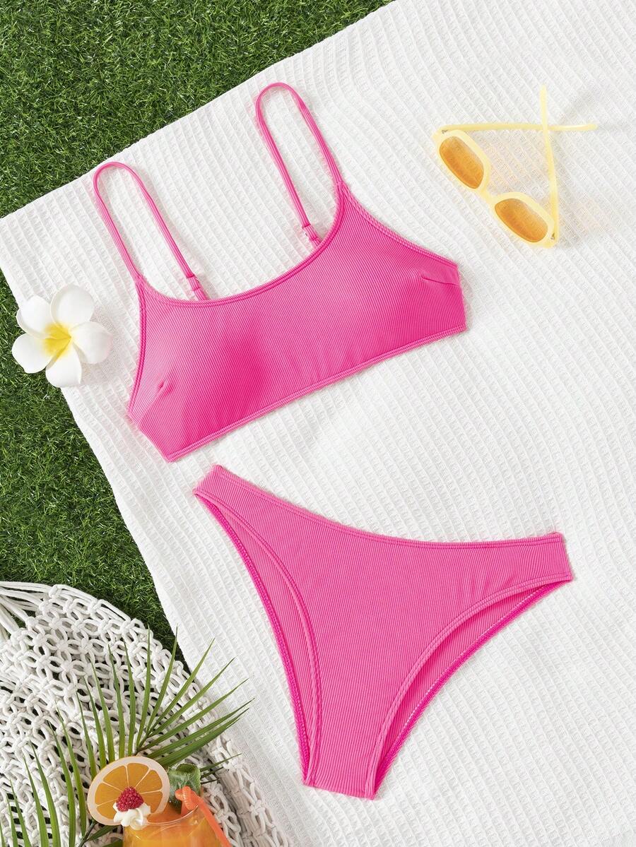 Apricot ribbed high waist two piece bikini swimsuit set for women featuring backless spaghetti strap top and high waisted bottoms.