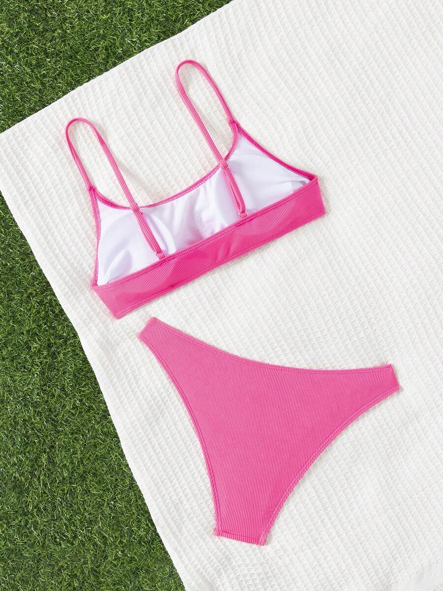 Apricot ribbed high waist two piece bikini swimsuit set for women featuring backless spaghetti strap top and high waisted bottoms.