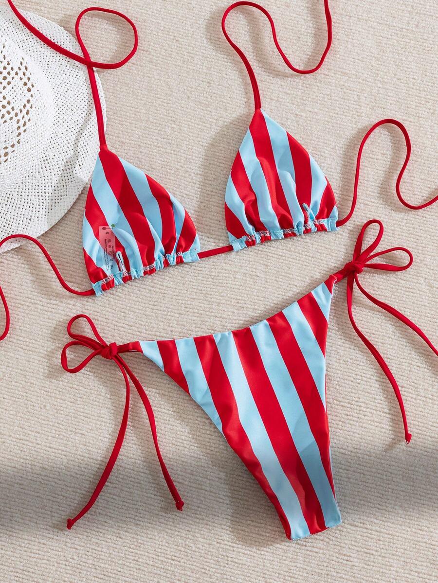 Multicolor striped halter neck two-piece bikini set featuring wireless triangle cups and low-waist tie-side bottoms.