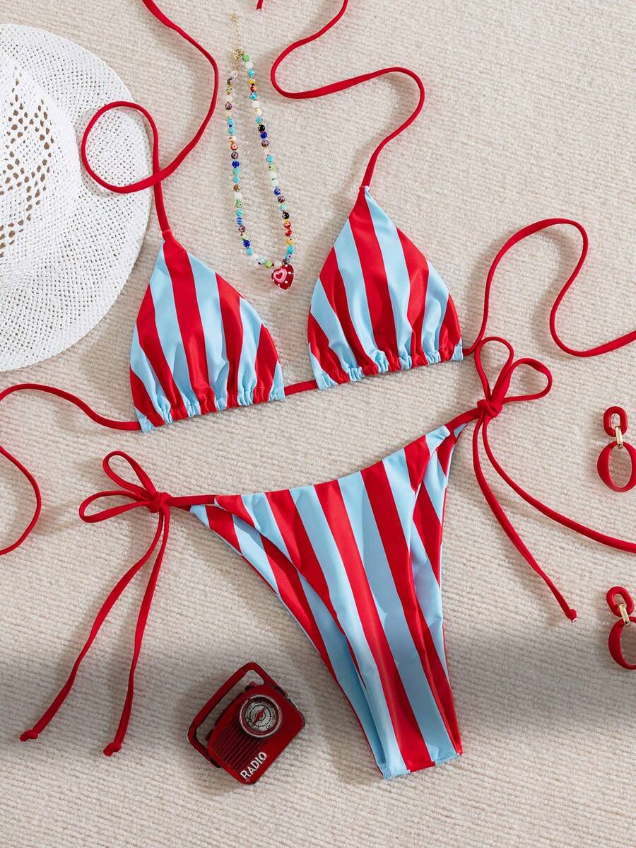 Multicolor striped halter neck two-piece bikini set featuring wireless triangle cups and low-waist tie-side bottoms.