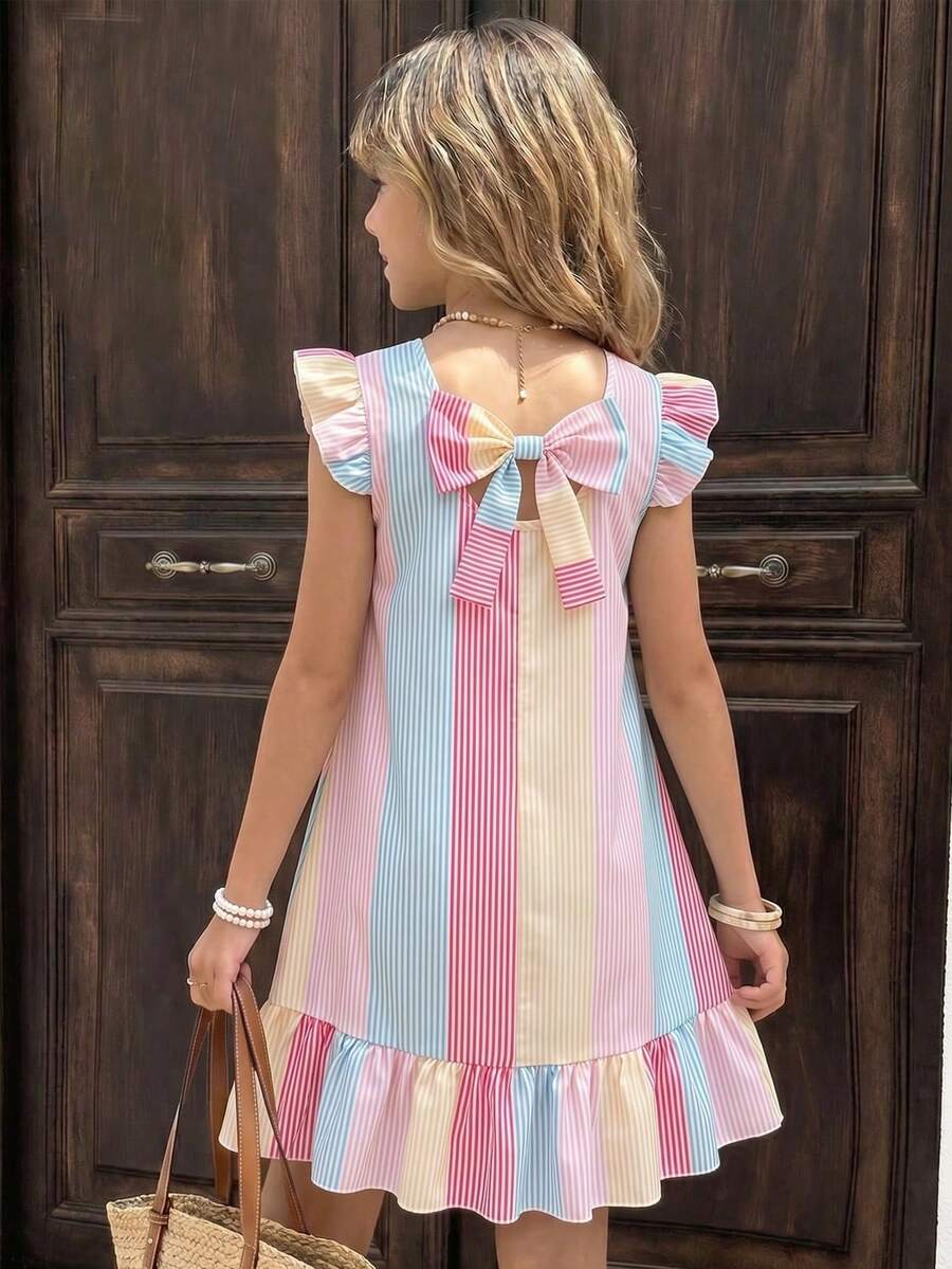 Tween girls apricot vacation midi dress featuring a round neck, cut out details, ruffle flounce accents, and geometric pattern.