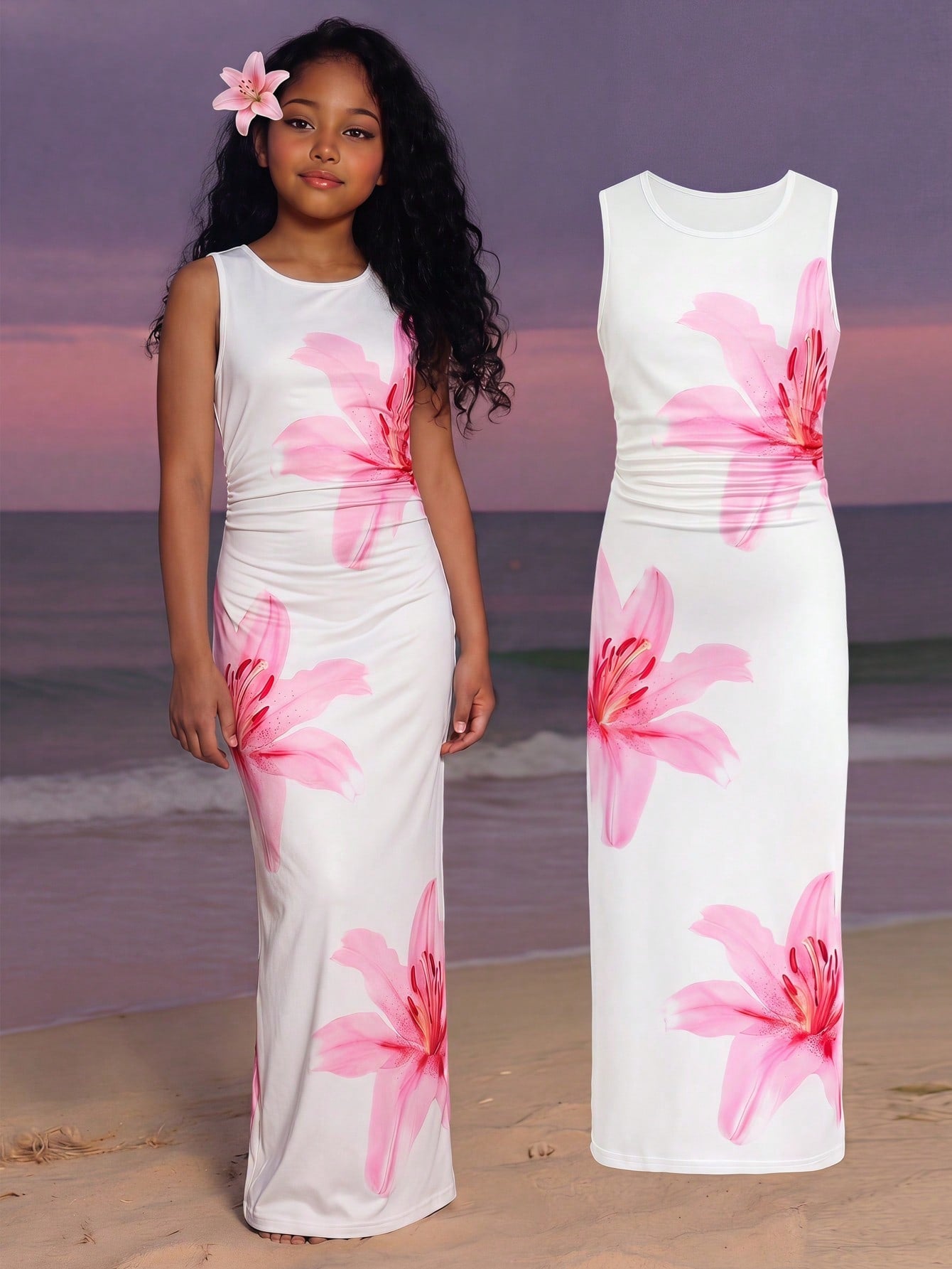 Tween girls sleeveless midi tank dress with round neck, graphic pattern, slim fit waist, slit hem, and apricot color styling for casual and occasion wear.