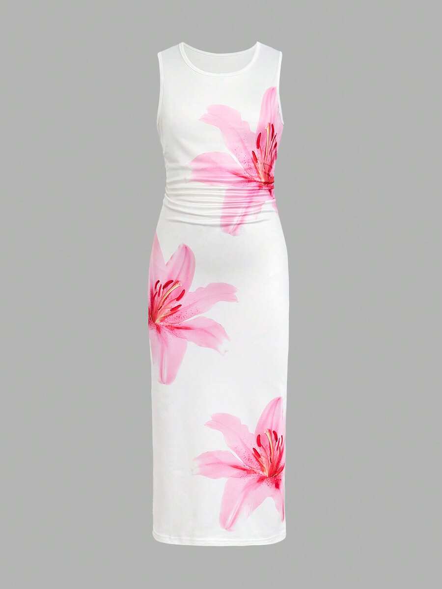 Tween girls sleeveless midi tank dress with round neck, graphic pattern, slim fit waist, slit hem, and apricot color styling for casual and occasion wear.