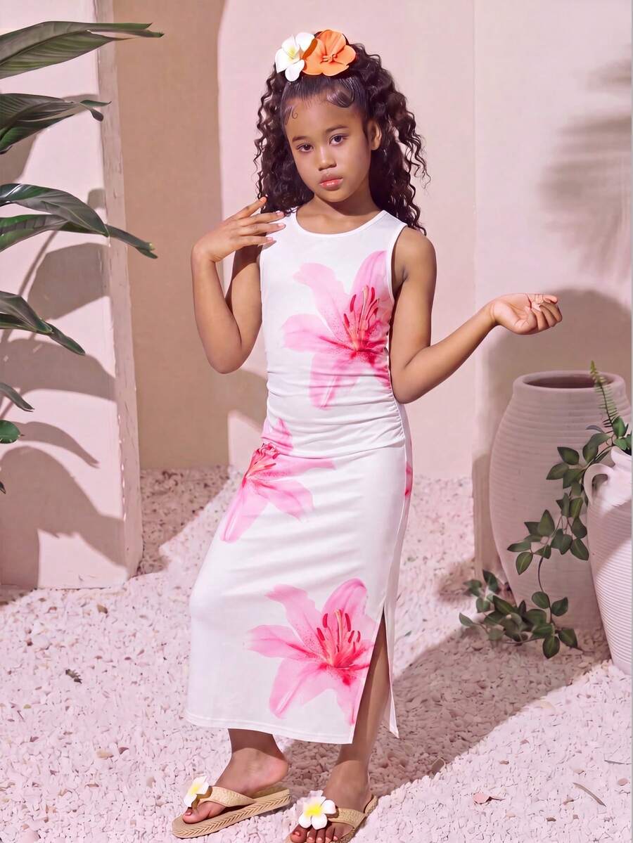 Tween girls sleeveless midi tank dress with round neck, graphic pattern, slim fit waist, slit hem, and apricot color styling for casual and occasion wear.