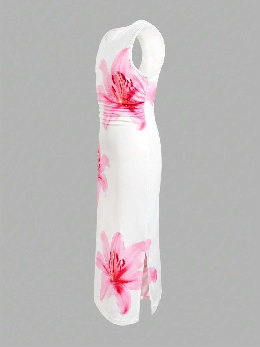 Tween girls sleeveless midi tank dress with round neck, graphic pattern, slim fit waist, slit hem, and apricot color styling for casual and occasion wear.