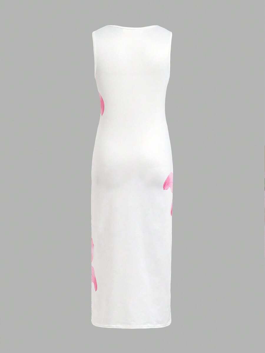 Tween girls sleeveless midi tank dress with round neck, graphic pattern, slim fit waist, slit hem, and apricot color styling for casual and occasion wear.
