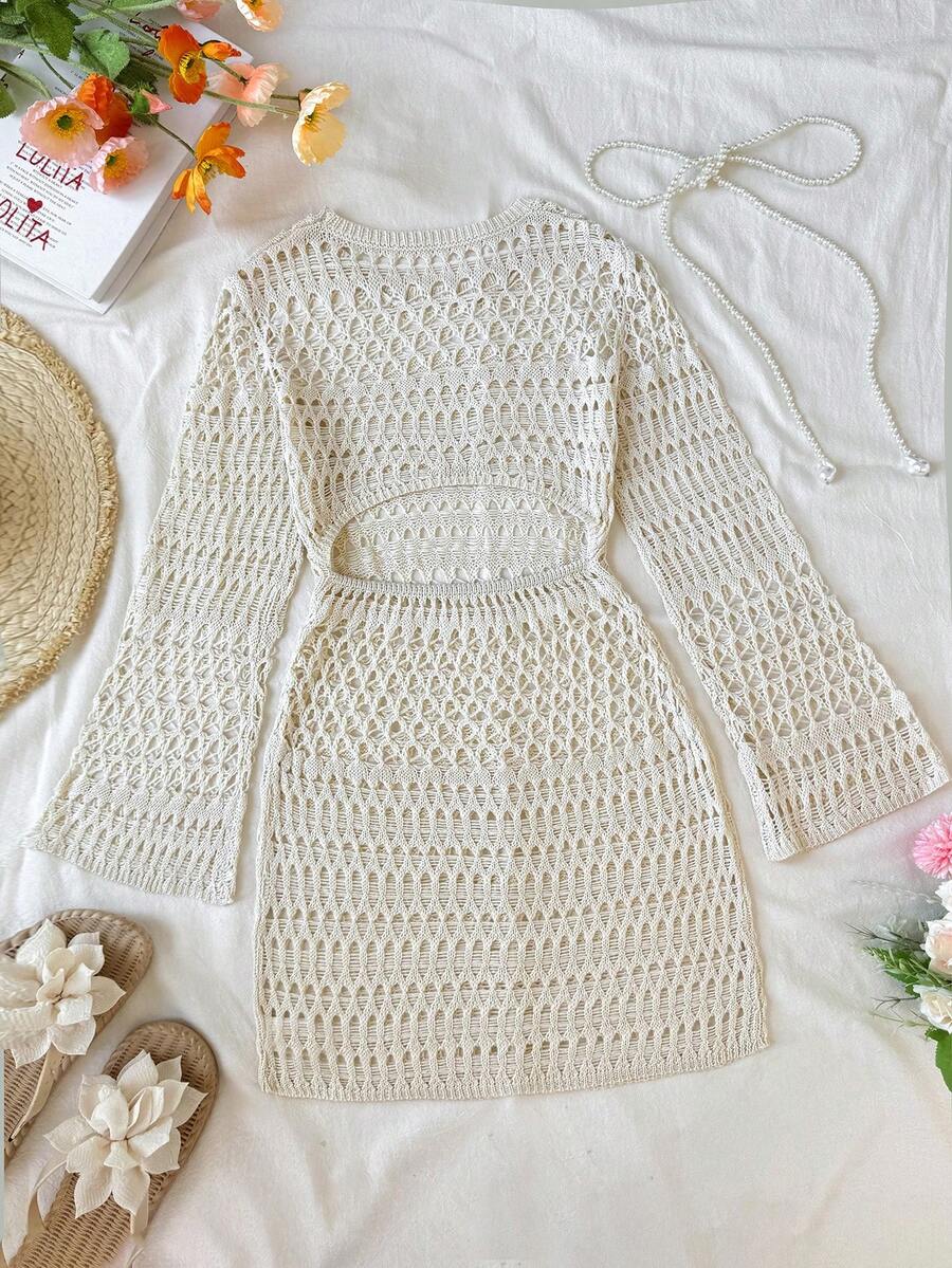 Tween girls semi-sheer long sleeve beach cover up dress with boat neckline and plain design for vacation swimwear layering.