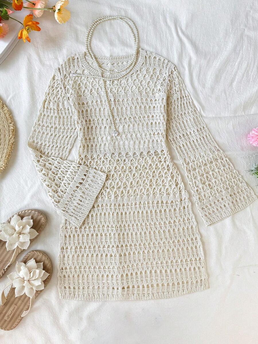 Tween girls semi-sheer long sleeve beach cover up dress with boat neckline and plain design for vacation swimwear layering.