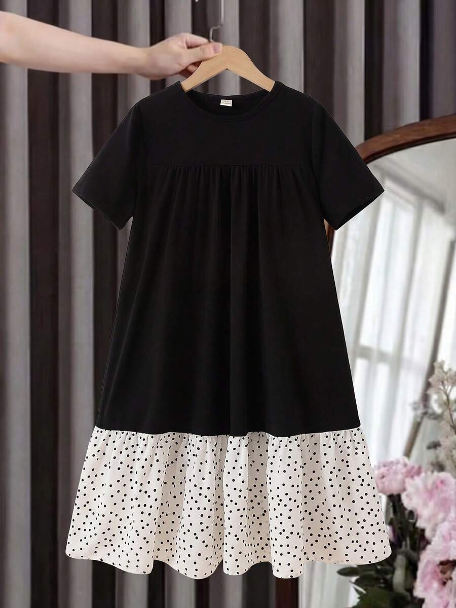 Tween girls casual black and white striped short sleeve smock dress with round neck and flounce hem