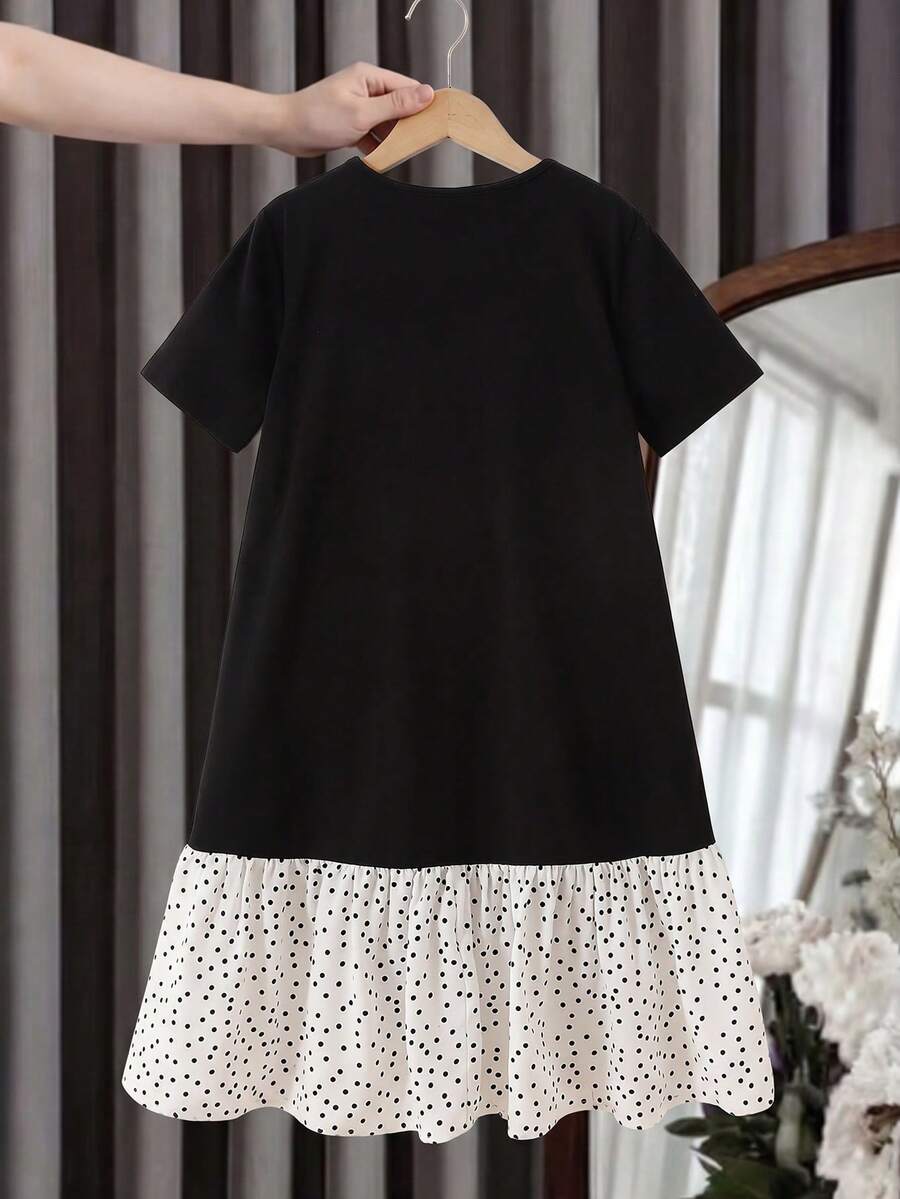 Tween girls casual black and white striped short sleeve smock dress with round neck and flounce hem