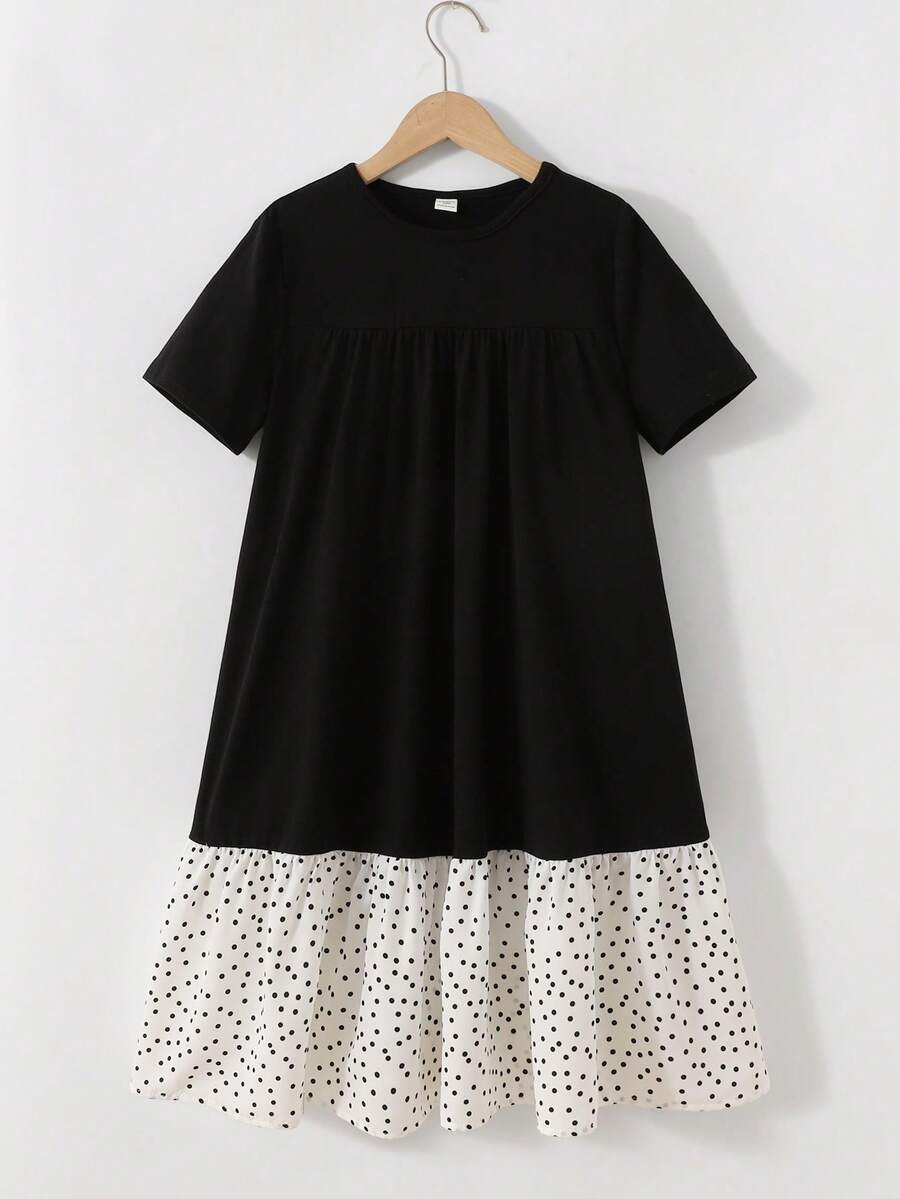 Tween girls casual black and white striped short sleeve smock dress with round neck and flounce hem