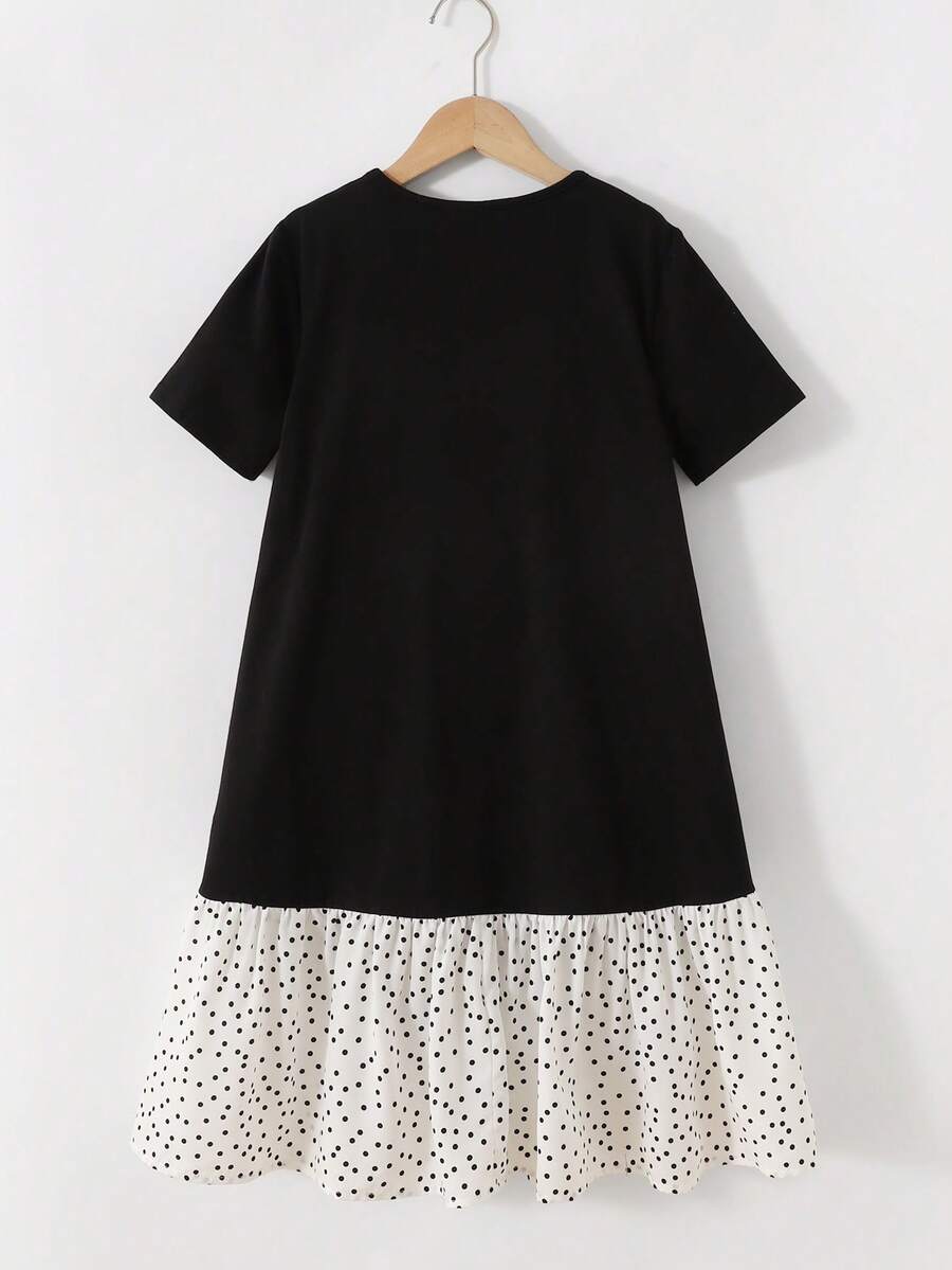 Tween girls casual black and white striped short sleeve smock dress with round neck and flounce hem