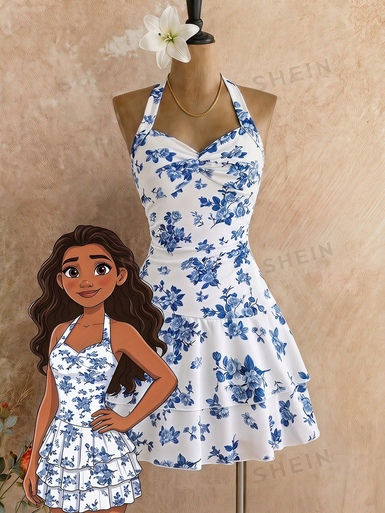 Tween girls apricot sleeveless halter mini dress with textured starfish and shell decor, shirred tiered layer, high waist, and flounce hem.