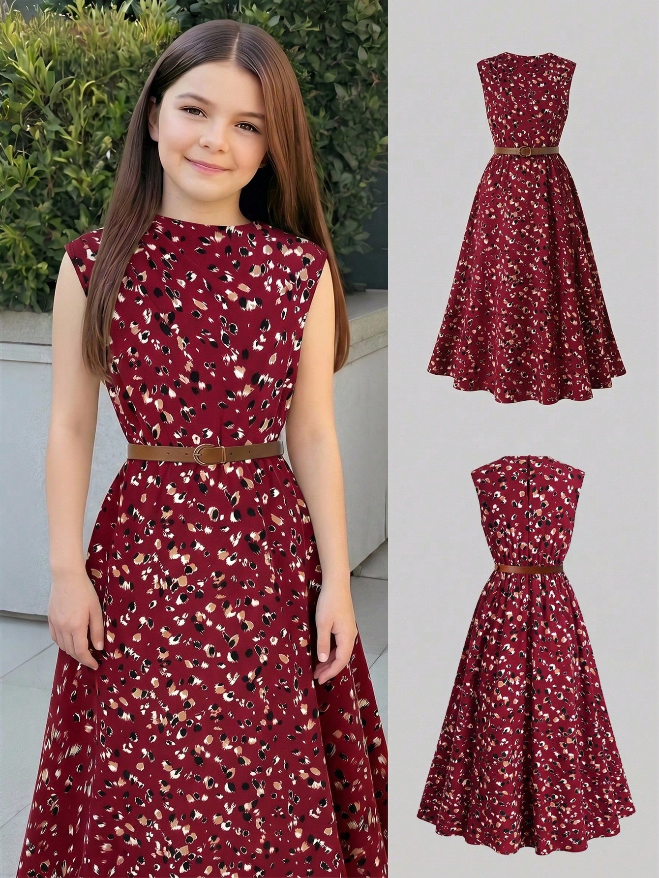 Tween girl wearing an apricot plant print sleeveless A-line long dress with a round neckline and flared skirt.