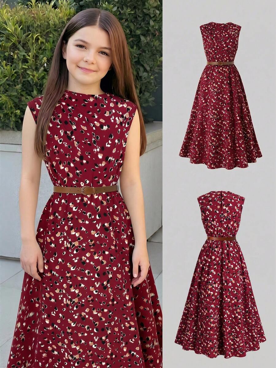 Tween girl wearing an apricot plant print sleeveless A-line long dress with a round neckline and flared skirt.