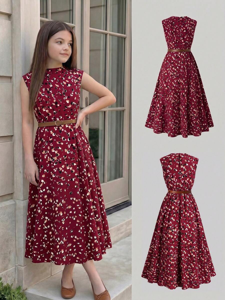 Tween girl wearing an apricot plant print sleeveless A-line long dress with a round neckline and flared skirt.