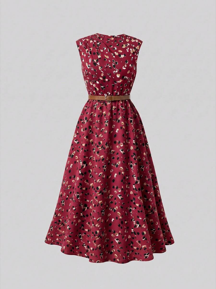 Tween girl wearing an apricot plant print sleeveless A-line long dress with a round neckline and flared skirt.