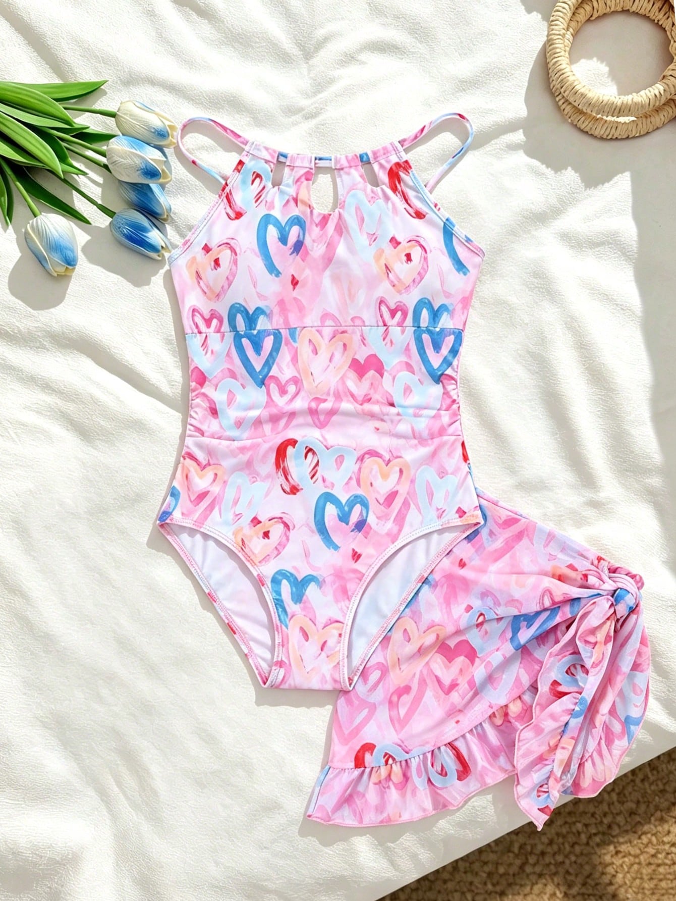 Girls black and white one-piece swimsuit set with cut-out detail, spaghetti straps, sleeveless fitted design, and matching skirt bottom for vacation swimwear.