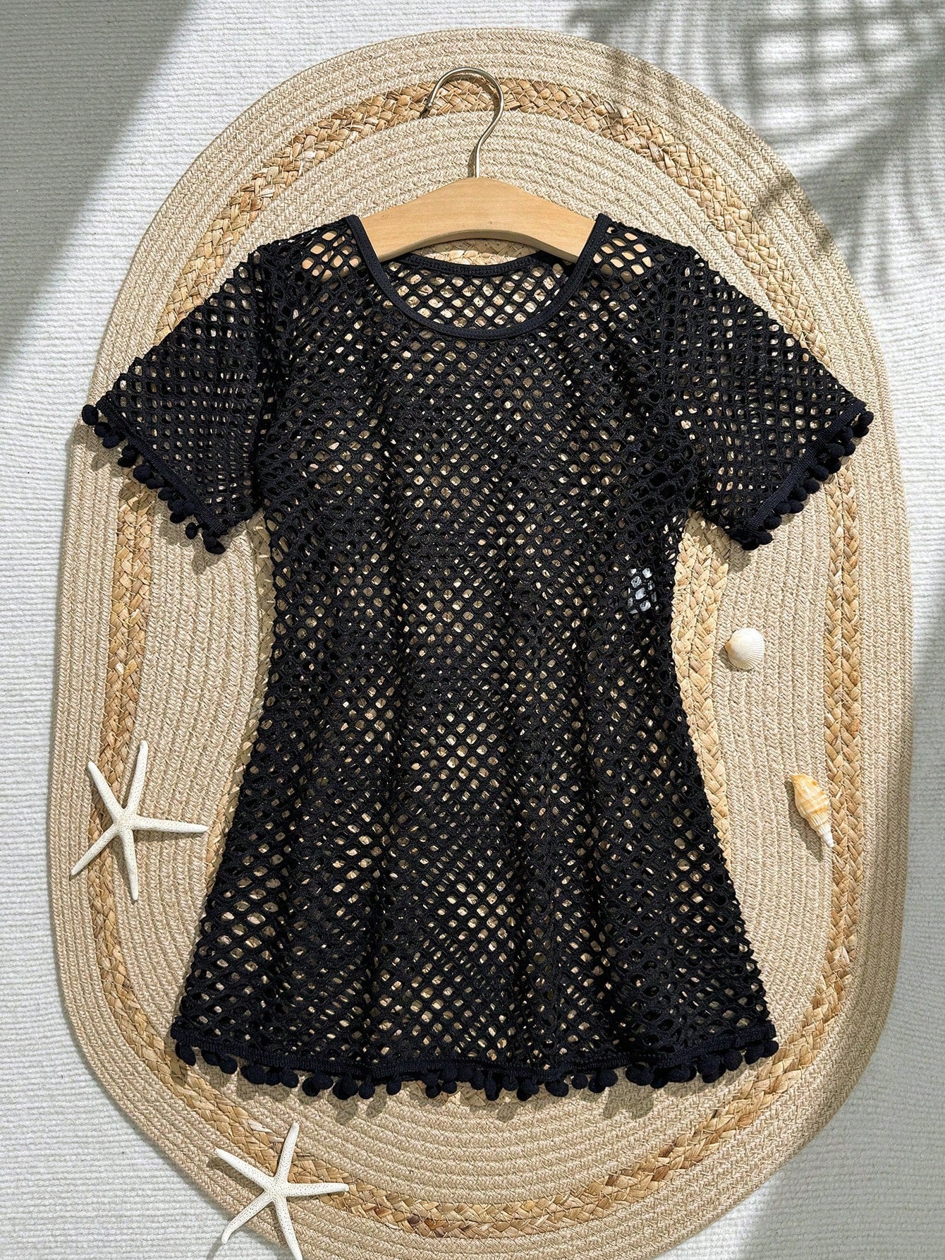 Tween Girl Fishnet Pom-Pom Decor Cover Up Summer Holiday