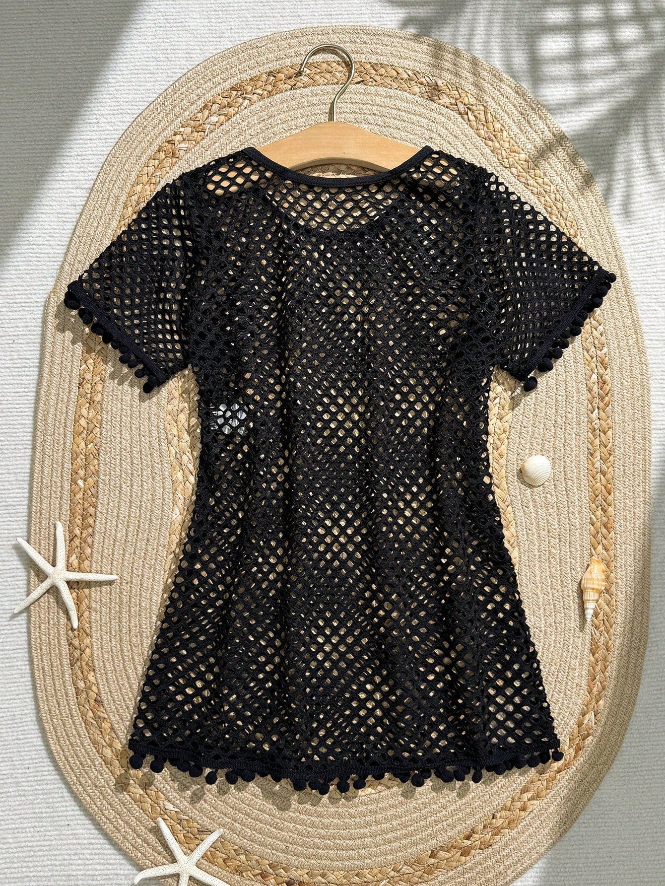 Tween Girl Fishnet Pom-Pom Decor Cover Up Summer Holiday