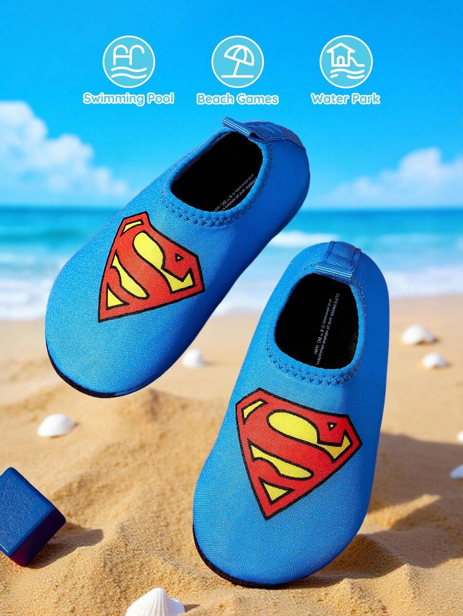 Girls cartoon pattern non-slip water shoes with slip-on closure and durable TPR outsole for beach and outdoor sports.