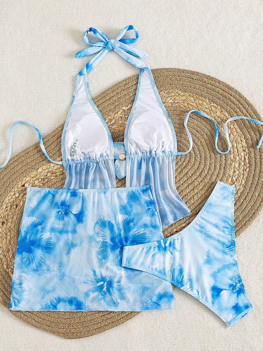 Women's 3-piece floral bikini set featuring a multicolor plant print halter top with 3D rose detail, matching bikini bottoms, and short skirt cover-up