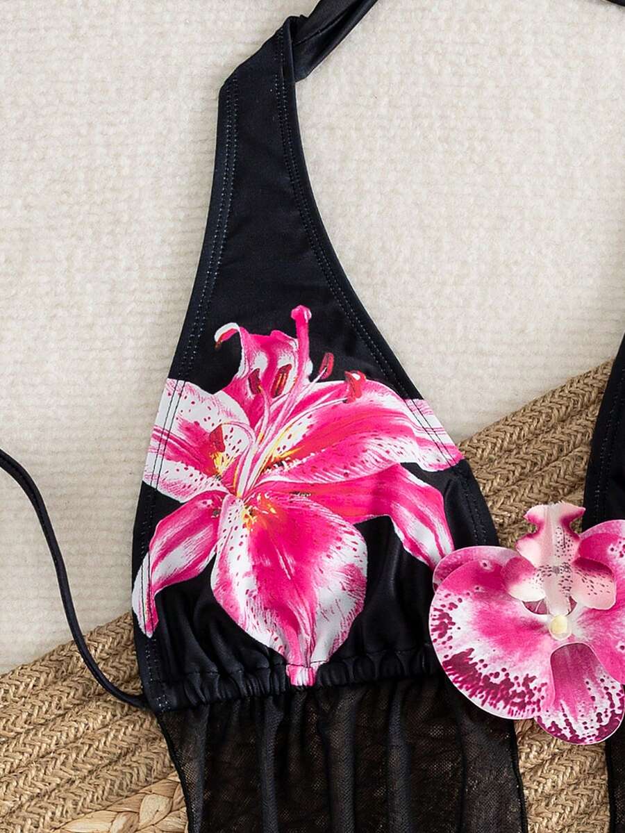Women's 3-piece floral bikini set featuring a multicolor plant print halter top with 3D rose detail, matching bikini bottoms, and short skirt cover-up