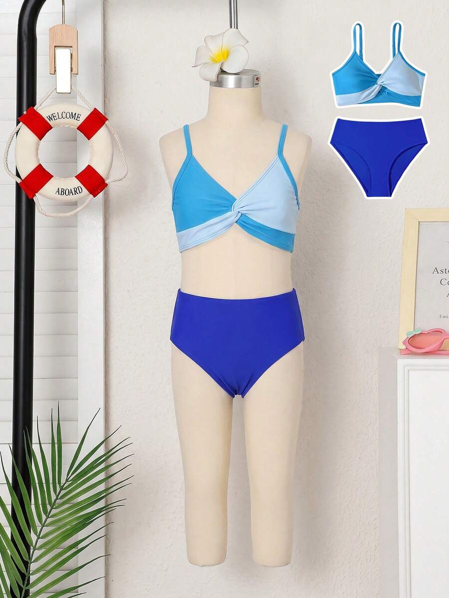 Tween girls multicolor striped 2-piece bikini set with spaghetti strap top, twist detail, and short high-waist or mid-waist swim bottoms for beach and pool wear.