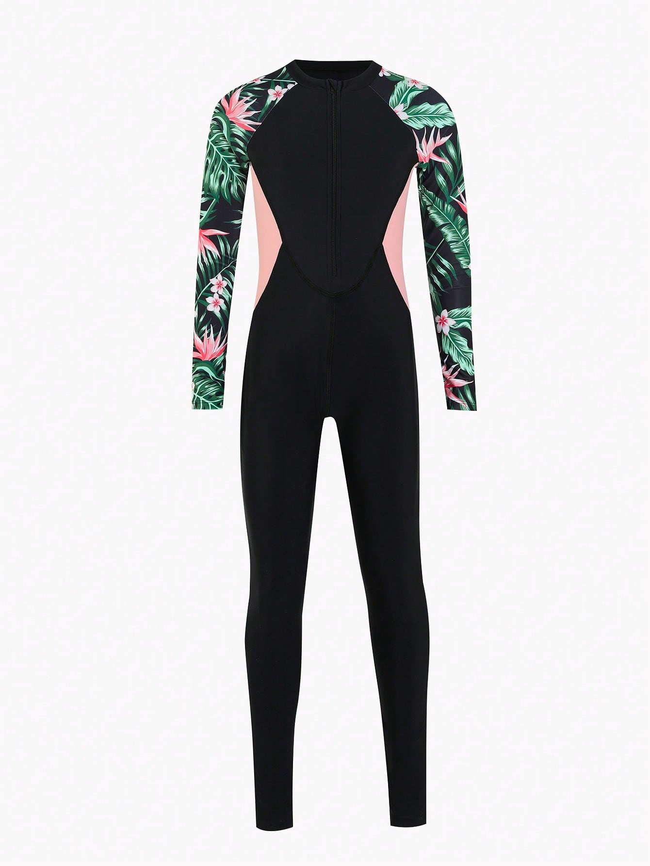Tween girls black one-piece swimsuit with long sleeves, high neck, zipper detail, graphic leopard heart print, and fitted full-coverage swimwear style.
