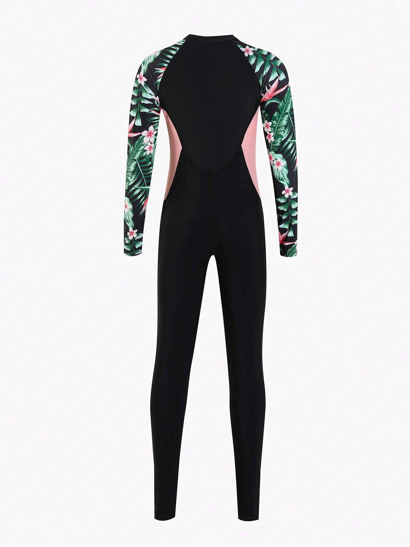 Tween girls black one-piece swimsuit with long sleeves, high neck, zipper detail, graphic leopard heart print, and fitted full-coverage swimwear style.