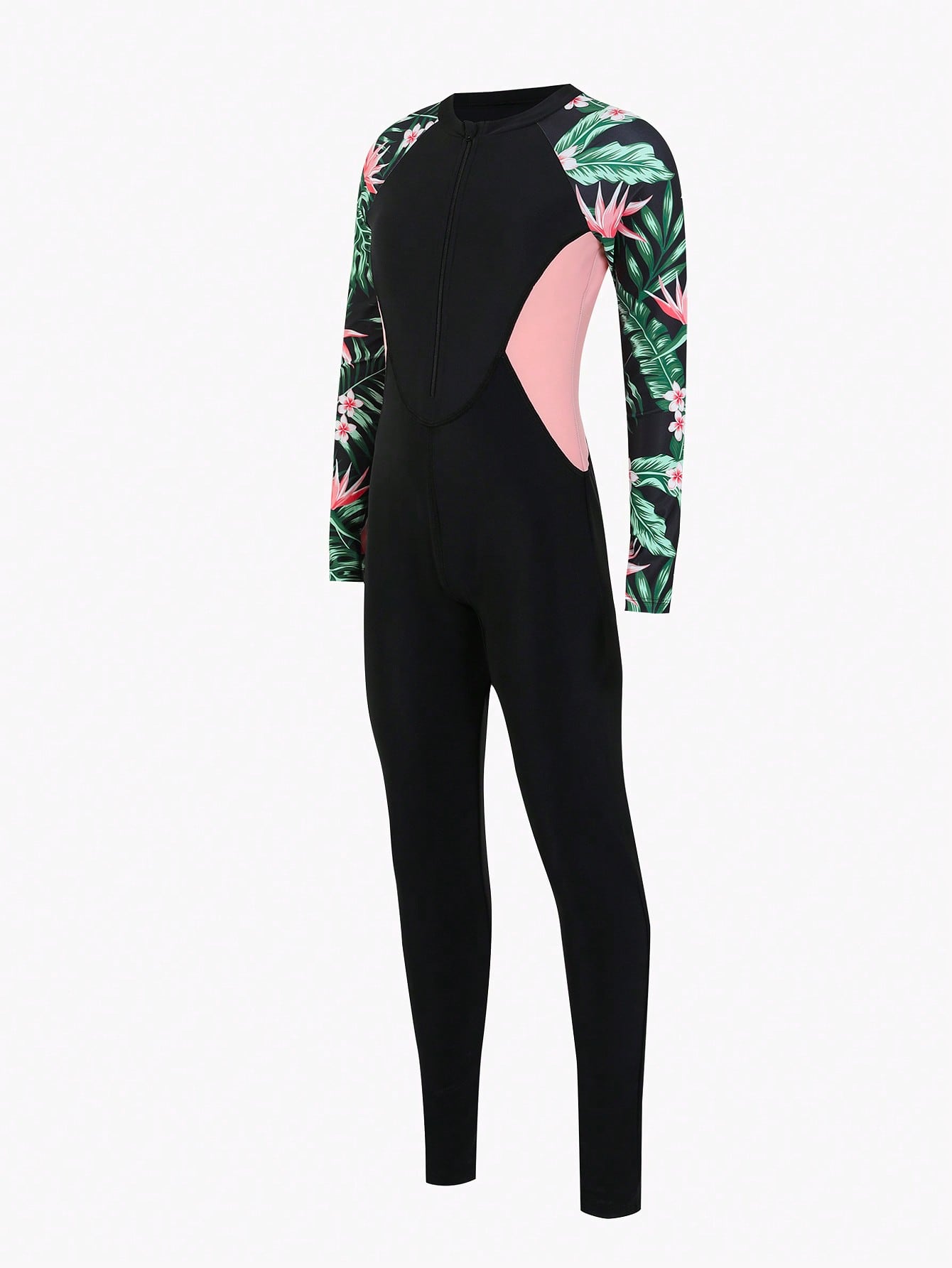 Tween girls black one-piece swimsuit with long sleeves, high neck, zipper detail, graphic leopard heart print, and fitted full-coverage swimwear style.