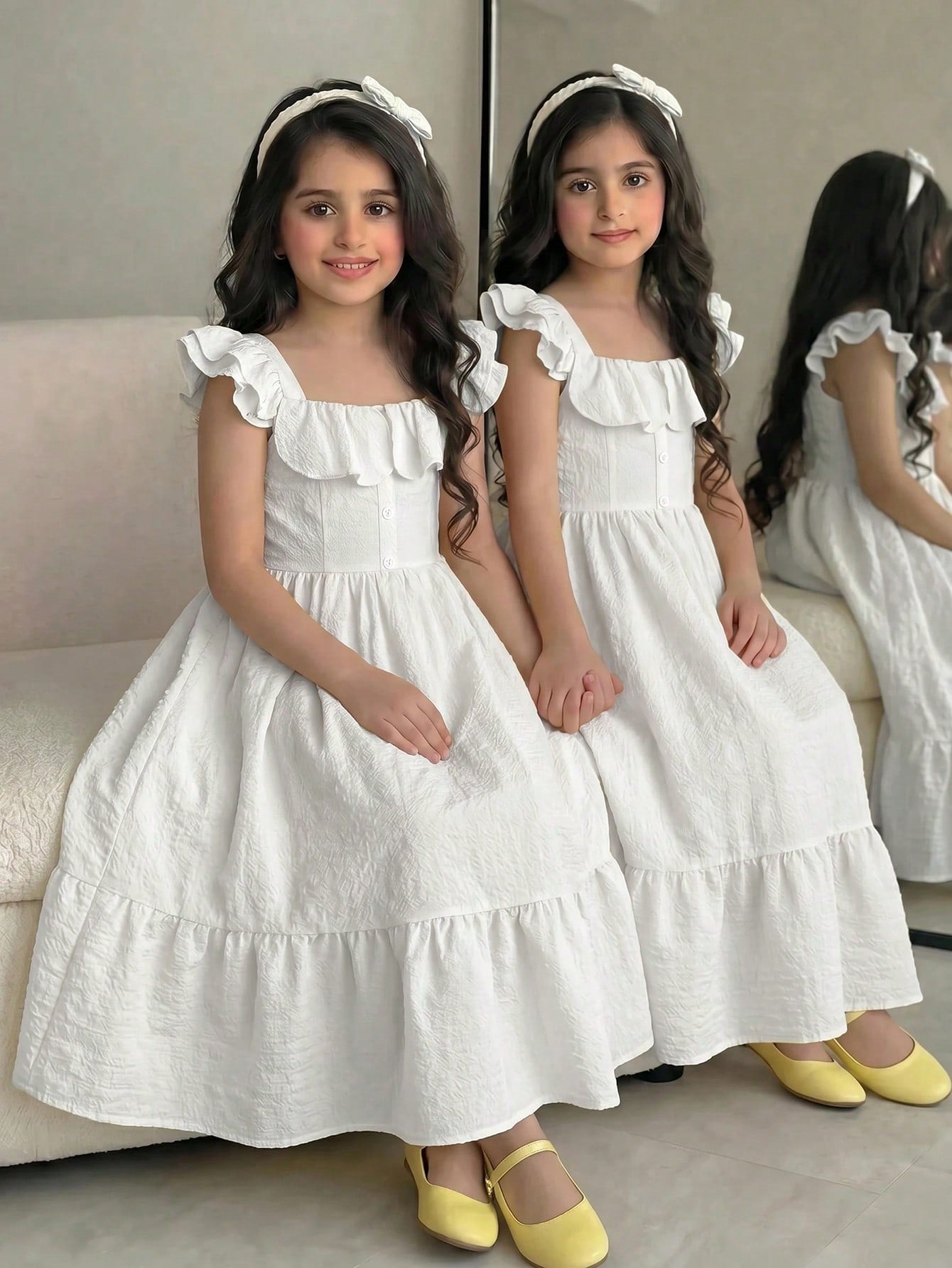 Tween girl multicolor floral vacation dress with square neck, ruffle details, shirred bodice, sleeveless A-line shape, high waist, and flounce hem.