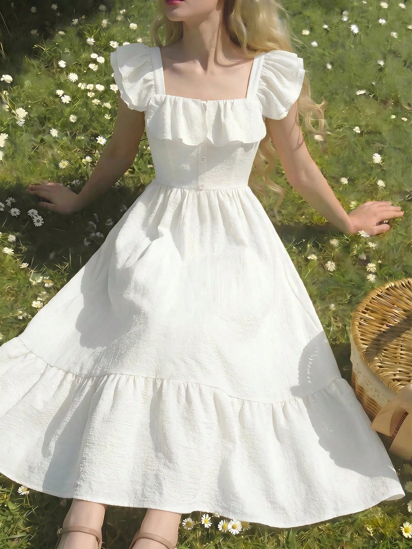 Tween girl multicolor floral vacation dress with square neck, ruffle details, shirred bodice, sleeveless A-line shape, high waist, and flounce hem.