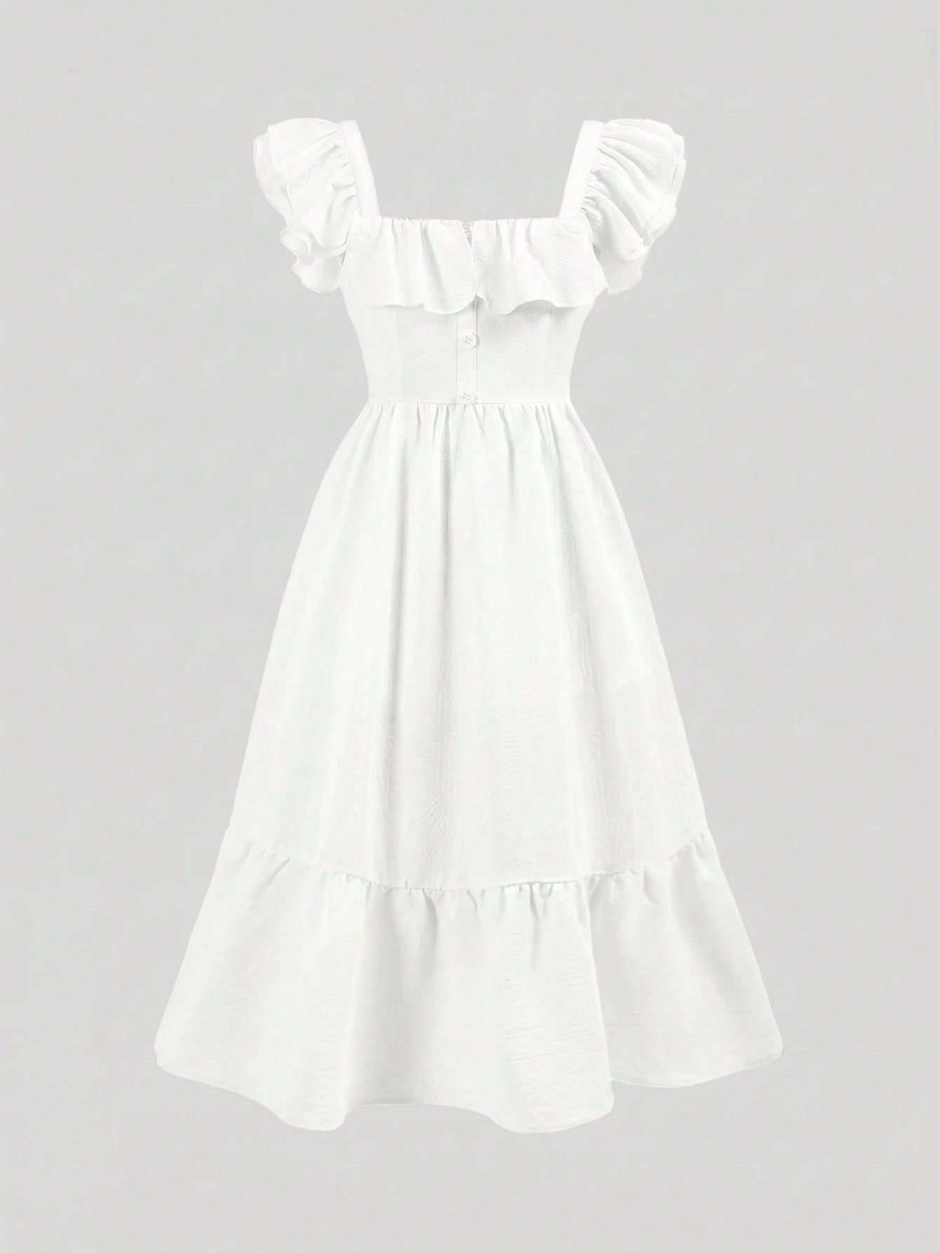 Tween girl multicolor floral vacation dress with square neck, ruffle details, shirred bodice, sleeveless A-line shape, high waist, and flounce hem.